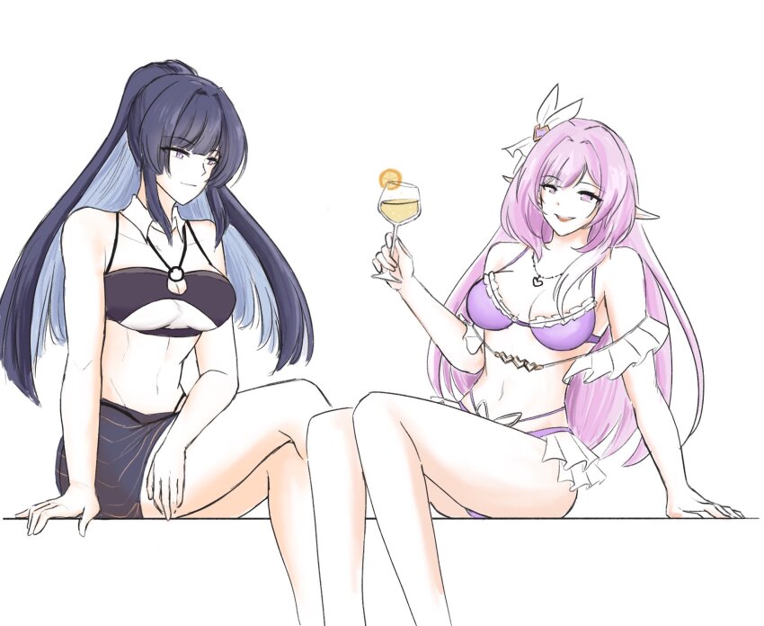 2girls bikini black_bikini black_sarong blue_hair breasts cleavage colored_inner_hair commentary crossed_legs cup elf elysia_(herrscher_of_human:_ego)_(honkai_impact) elysia_(honkai_impact) elysia_(summer_2023)_(honkai_impact) food fruit hair_ornament highres holding holding_cup honkai_(series) honkai_impact_3rd large_breasts long_hair multicolored_hair multiple_girls navel official_alternate_costume orange_(fruit) orange_slice pink_hair pointy_ears purple_bikini purple_eyes raiden_mei raiden_mei_(herrscher_of_origin) raiden_mei_(summer_2023) sarong sitting smile stomach swimsuit tropical_drink two-tone_hair underboob very_long_hair white_background yakmeephuawkaa