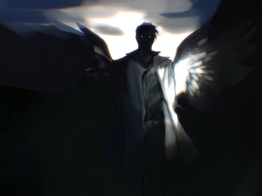 1boy belt black_shirt black_wings coat collared_shirt fading feathered_wings full_body glowing glowing_eyes highres limited_palette looking_at_viewer macaronijail male_focus omniscient_reader&#039;s_viewpoint shaded_face shadow shirt solo spotlight white_coat wings
