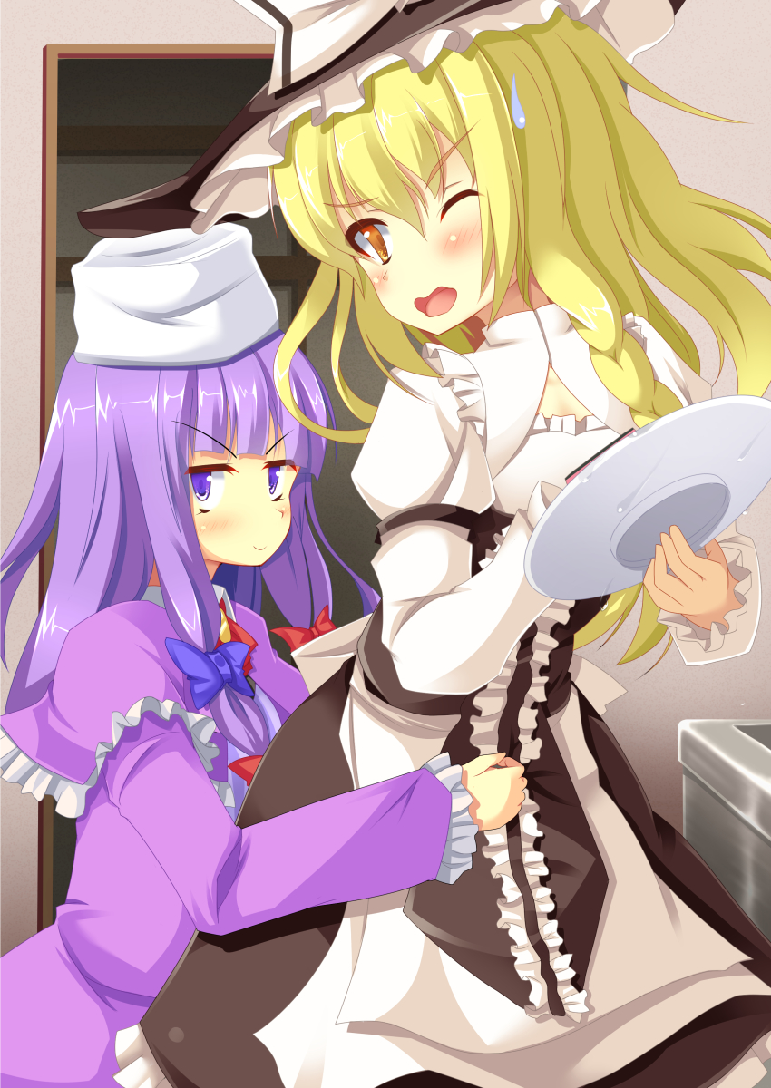 2girls absurdres black_headwear black_skirt blonde_hair blue_bow blunt_bangs blush bow braid brown_eyes center_frills closed_mouth commentary_request cookie_(touhou) dress feet_out_of_frame frills hat hat_bow highres holding holding_plate juliet_sleeves kirisame_marisa long_hair long_sleeves looking_at_viewer mars_(cookie) multi-tied_hair multiple_girls one_eye_closed open_mouth patchouli_knowledge plate puffy_sleeves purple_dress purple_eyes purple_hair red_bow shirt side_braid single_braid skirt smile sweatdrop szk taisa_(cookie) touhou v-shaped_eyebrows white_bow white_shirt witch_hat
