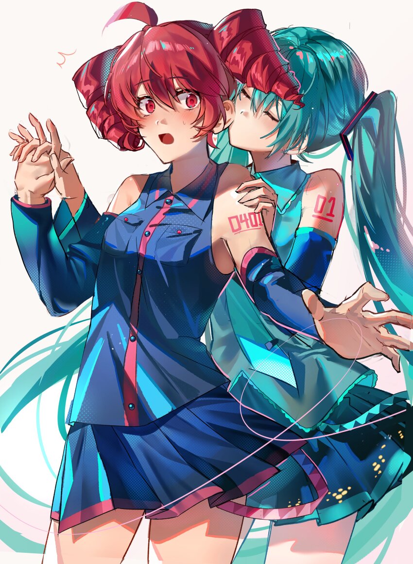 2girls absurdres ahoge bare_shoulders belt black_skirt black_sleeves blue_belt blue_hair blue_necktie blush breast_pocket buttons closed_eyes closed_mouth collared_shirt cowboy_shot detached_sleeves dress_shirt drill_hair hair_between_eyes hand_up hashtag-only_commentary hatsune_miku highres holding_hands illis456 interlocked_fingers kasane_teto kasane_teto_(utau) kissing_ear long_hair looking_at_viewer miniskirt multiple_girls necktie no_mouth number_tattoo open_mouth pleated_skirt pocket red_belt red_eyes red_hair red_tattoo shirt shoulder_tattoo simple_background skirt skirt_set sleeveless sleeveless_shirt tattoo twin_drills twintails utau very_long_hair vocaloid white_background wing_collar yuri