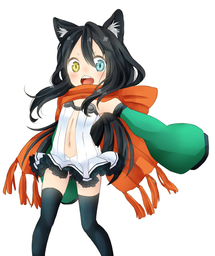 1girl alchemist_(ragnarok_online) alternate_color animal_ears black_hair black_thighhighs blue_eyes blush cat_ears cat_girl commentary_request detached_sleeves feet_out_of_frame frilled_thighhighs frills green_sleeves hair_between_eyes heterochromia highres long_hair looking_at_viewer meiko_(nattu303) open_mouth orange_scarf plunging_neckline ragnarok_online scarf simple_background sleeves_past_fingers sleeves_past_wrists smile solo thighhighs v-shaped_eyebrows white_background yellow_eyes