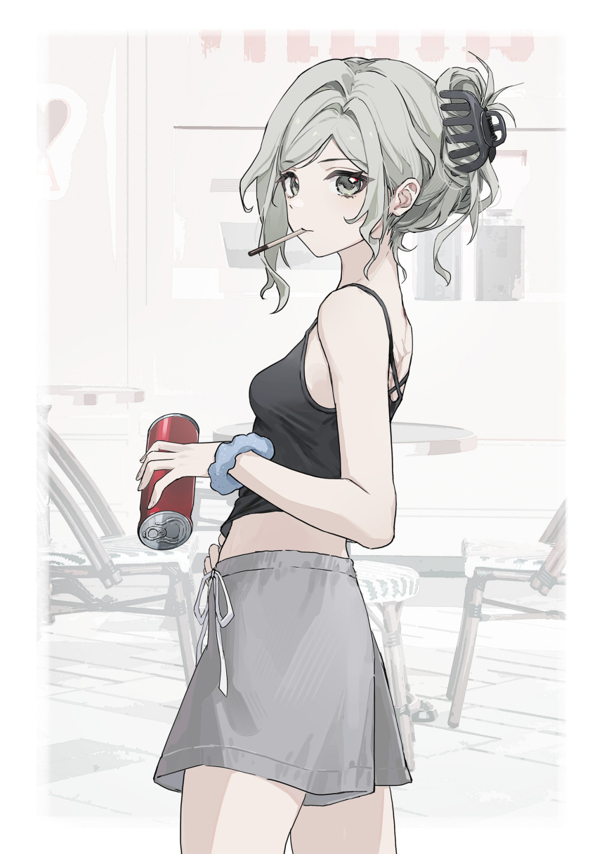 1girl absurdres bare_shoulders black_camisole blue_scrunchie border breasts camisole can chair cigarette cowboy_shot drink_can fading_border from_side grey_eyes grey_hair grey_shorts hair_bun highres holding holding_can holding_cigarette looking_at_viewer midriff mouth_hold outside_border reverse:1999 round_table scar scar_on_back scrunchie short_hair shorts small_breasts solo spaghetti_strap table vertin_(reverse:1999) wrist_scrunchie yukiri_(l_ii)
