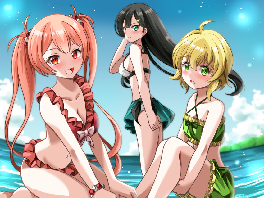 3girls bikini black_hair blonde_hair blue_sky breasts cielo_(konosuba) cleavage collarbone erika_(konosuba) green_eyes hair_between_eyes hair_ornament highres kono_subarashii_sekai_ni_shukufuku_wo! konosuba!_fantastic_days lia_(konosuba) long_hair medium_breasts multiple_girls ocean pink_hair red_eyes short_hair sky small_breasts straight_hair swimsuit twintails zakiwo_(rrxn8224)
