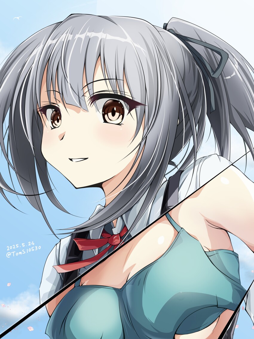 1girl absurdres bikini blue_sky breasts brown_eyes cloud collared_shirt commentary_request dress_shirt green_bikini grey_hair hair_ribbon highres kantai_collection kasumi_(kancolle) kasumi_kai_ni_(kancolle) kasumi_kai_ni_(swimsuit)_(kancolle) long_hair parted_lips ribbon shirt side_ponytail sky smile solo split_theme swimsuit toms upper_body white_shirt