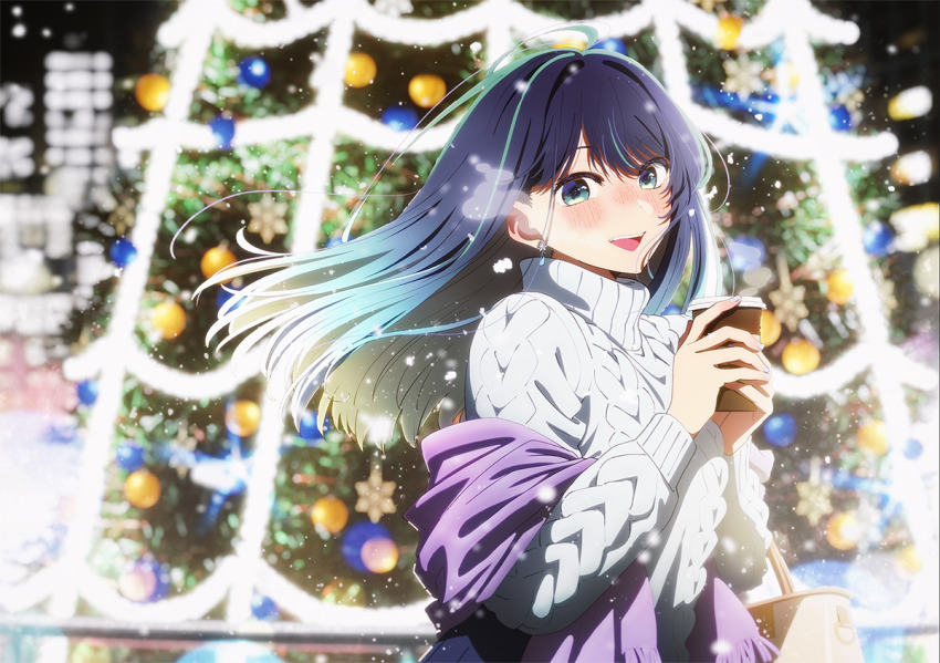 1girl aquastar_inc. background_lightning bag blue_eyes blue_hair blush christmas_tree drink earrings female_focus grey_nails grey_sweater handbag jewelry kurokawa_akane long_hair long_sleeves looking_at_viewer nail_polish official_art open_mouth oshi_no_ko purple_scarf scan scarf smile snow snowflake_earrings snowflakes snowing solo solo_focus sweater teeth tongue tree turtleneck turtleneck_sweater