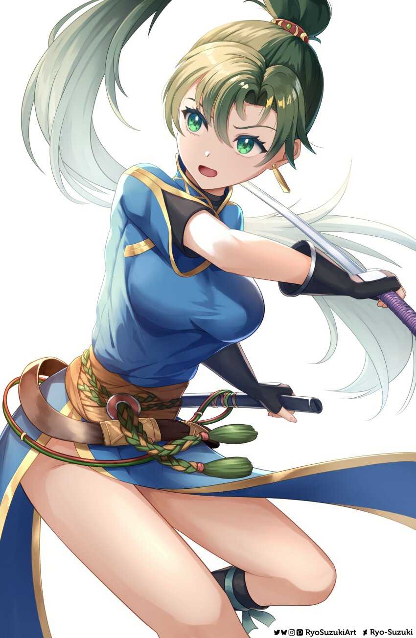 1girl absurdres blue_dress breasts dress earrings fingerless_gloves fire_emblem fire_emblem:_the_blazing_blade gloves green_eyes green_hair high_ponytail highres holding jewelry large_breasts long_hair lyn_(fire_emblem) nintendo open_mouth ponytail rope_belt ryo-suzuki side_slit simple_background smile solo sword very_long_hair weapon white_background