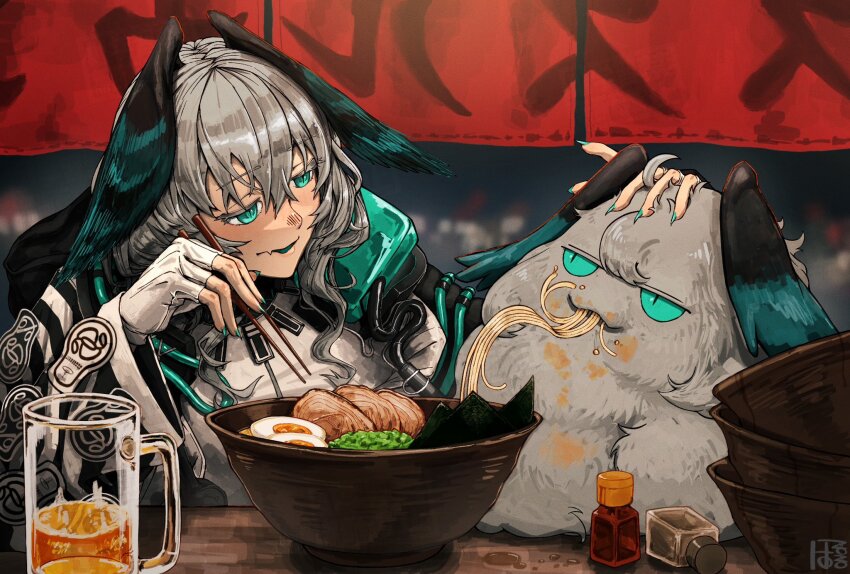 1girl animalization aqua_eyes arknights breasts coat food grey_hair head_wings highres ho&#039;olheyak_(arknights) houjou_88846 large_breasts medium_hair noodles person_and_animalization slit_pupils snake_girl udon wings