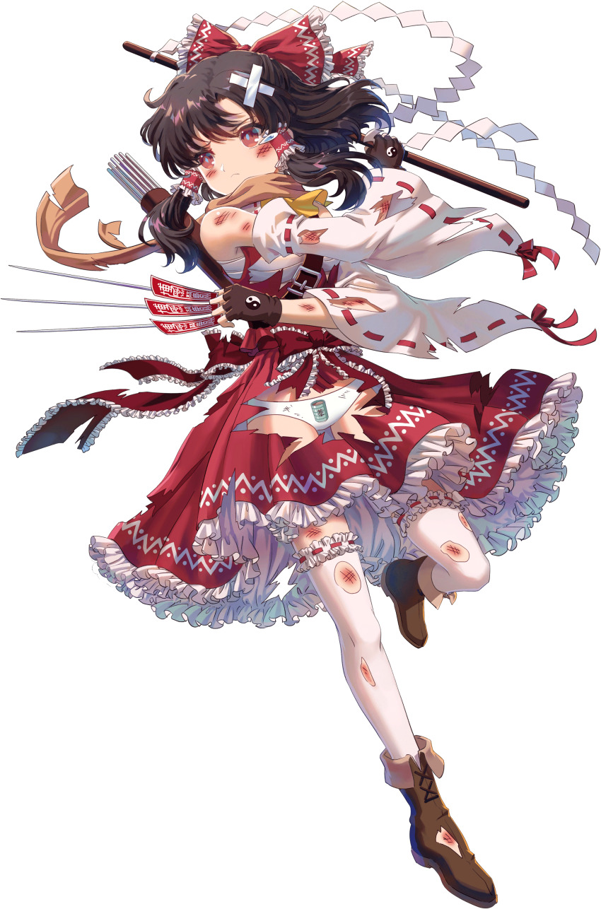 1girl absurdres adapted_costume ascot belt boots bra brown_belt brown_boots brown_gloves brown_hair chest_sarashi crossed_bandaids cup detached_sleeves fingerless_gloves frilled_ribbon frilled_skirt frilled_thighhighs frills full_body game_cg gloves gohei hair_ribbon hair_tubes hakurei_reimu highres holding holding_gohei holding_needle holding_ofuda injury kumio needle non-web_source orange_scarf panties red_ribbon red_shirt red_skirt ribbon sarashi scarf shirt skirt sleeveless sleeveless_shirt tachi-e tea tea_print teardrop thighhighs torn_boots torn_clothes torn_footwear torn_scarf torn_shirt torn_skirt torn_sleeves torn_thighhighs touhou touhou_blooming_chaos transparent_background underwear white_bra white_panties white_sleeves white_thighhighs yellow_ascot yin_yang yunomi