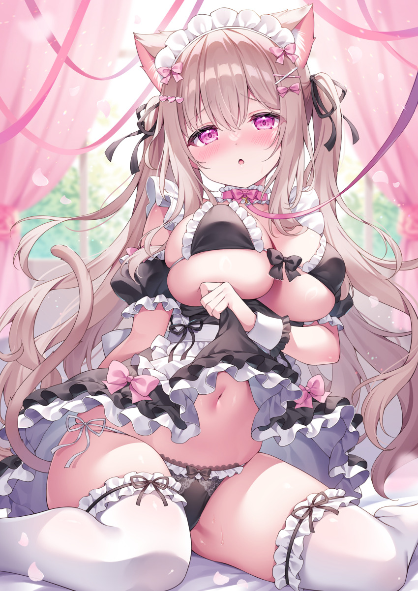 1girl :o animal_ears apron black_bra black_panties black_ribbon black_skirt blush bra breasts brown_hair cat_ears cat_girl cat_tail choker clothes_lift frilled_bra frilled_choker frilled_panties frills hair_ornament hair_ribbon highres large_breasts lifting_own_clothes long_hair maid_apron maid_headdress navel original panties pink_choker pink_eyes ribbon shiono_(0303) side-tie_panties skirt skirt_lift solo tail thighhighs twintails underwear very_long_hair white_apron white_thighhighs wrist_cuffs x_hair_ornament