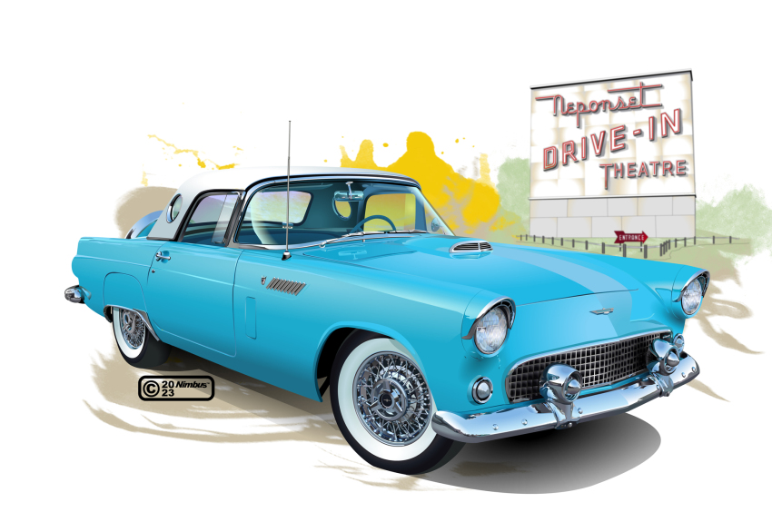 2023 artist_name blue_car car ford ford_thunderbird highres left-hand_drive motor_vehicle multicolored_background nimbus_goldbrum no_humans original radio_antenna realistic rear-view_mirror shadow sign steering_wheel vehicle_focus