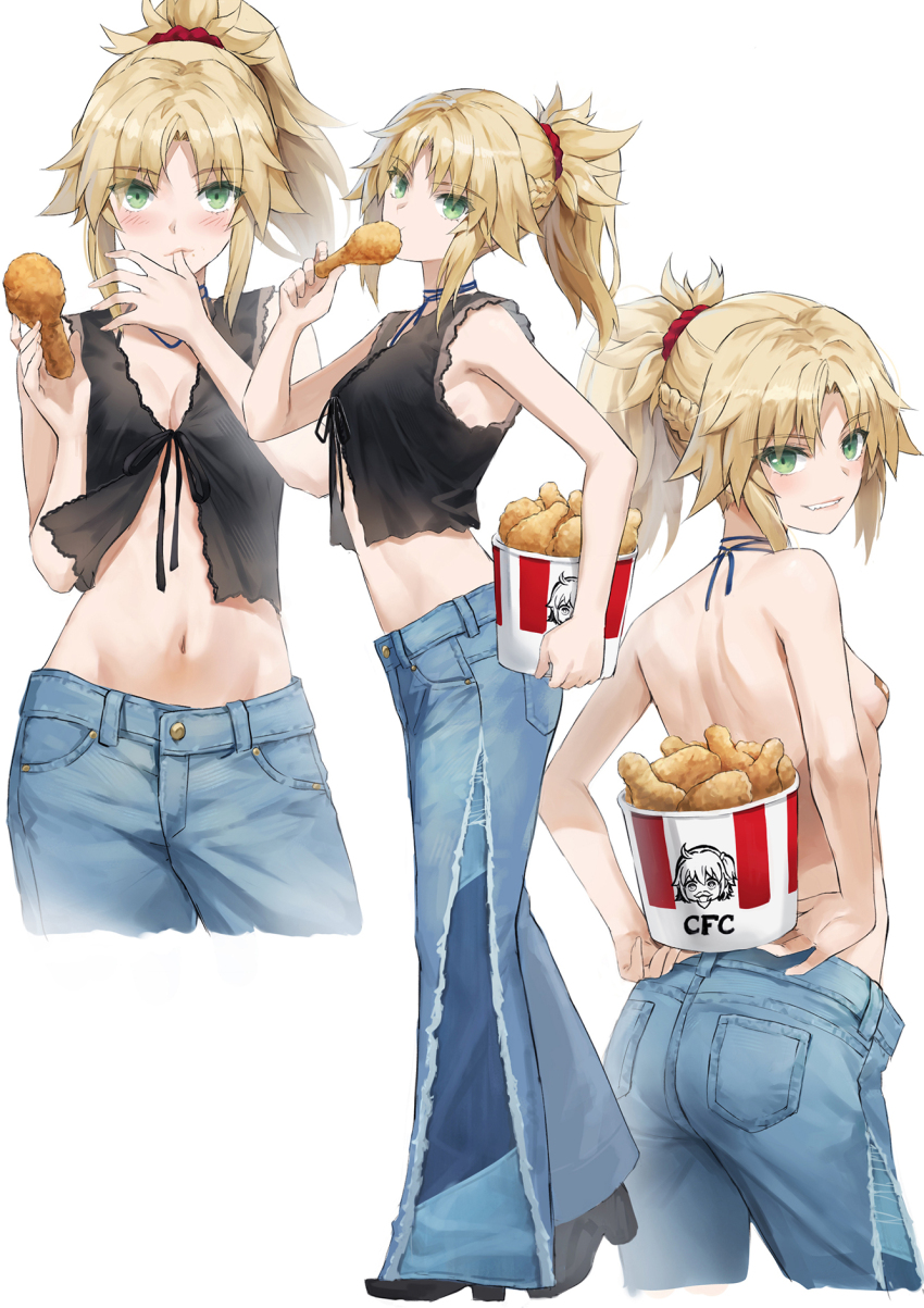 1girl ass bare_shoulders blonde_hair braid breasts bucket_of_chicken chicken_(food) eating fate/apocrypha fate_(series) food fried_chicken green_eyes grin highres long_hair looking_at_viewer midriff mordred_(fate) mordred_(fate/apocrypha) multiple_views navel parted_bangs ponytail sidelocks small_breasts smile tonee topless_female