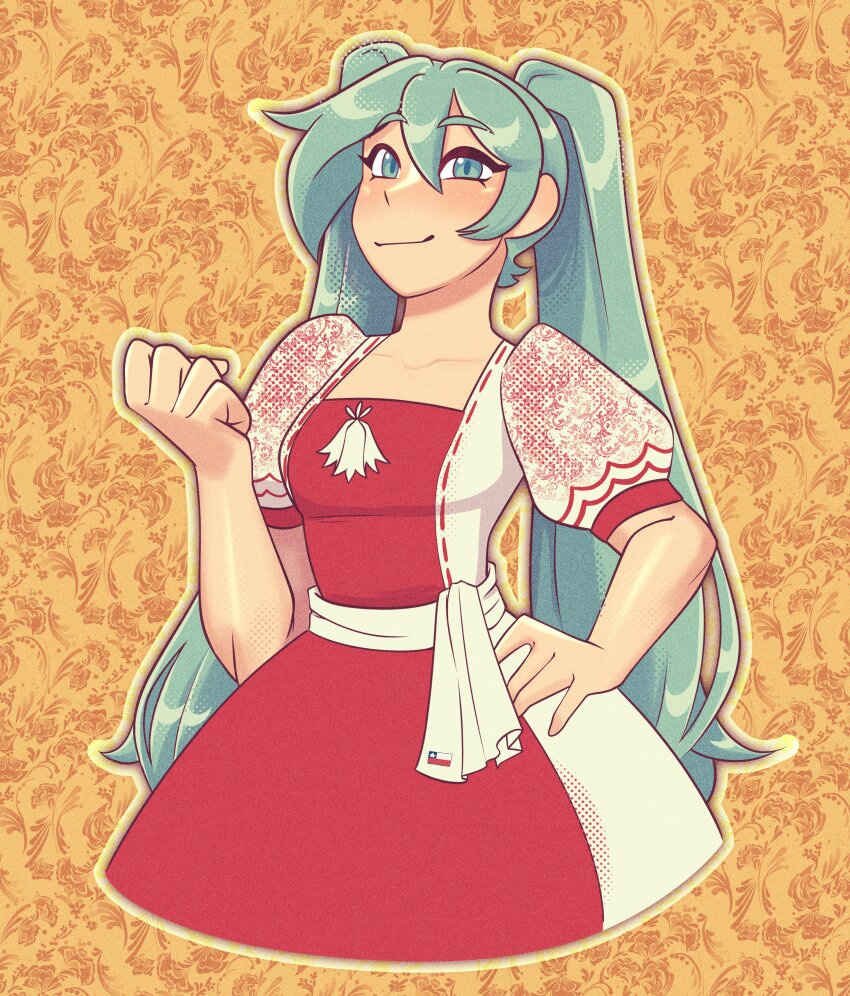 1girl absurdres aqua_eyes aqua_hair blush chile chilean_dress chilean_flag dress emmiewowie floral_background hair_between_eyes halftone hand_on_own_hip hand_up hatsune_miku highres long_hair red_dress smile solo twintails very_long_hair vocaloid worldwide_miku
