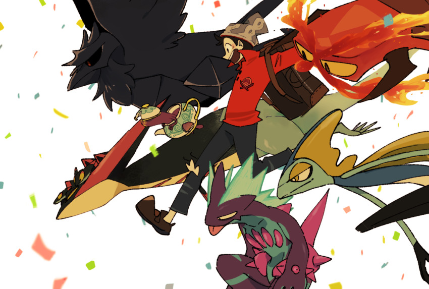 1boy backpack bag beanie black_hair brown_bag brown_footwear cable_knit centiskorch commentary_request confetti corviknight dragapult dreepy fire from_side gen_8_pokemon grey_hat hat inteleon knit_hat male_focus mashita._(mentaiko_omoti) nintendo open_mouth pants pokemon pokemon_(creature) pokemon_swsh polteageist red_shirt shirt shoes short_hair smile teeth tongue tongue_out torn_clothes torn_pants toxtricity toxtricity_(low_key) upper_teeth_only victor_(pokemon) white_background yellow_eyes