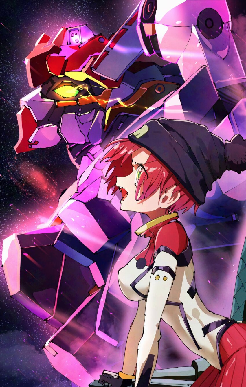 1girl amate_yuzuriha aqua_eyes bodysuit breasts glowing glowing_eyes gquuuuuux green_eyes gundam gundam_gquuuuuux hat highres mecha mecha_pilot_suit mobile_suit multicolored_bodysuit normal_suit_(gundam) open_mouth piloting red_hair robot science_fiction short_hair taigaai4649 v-fin