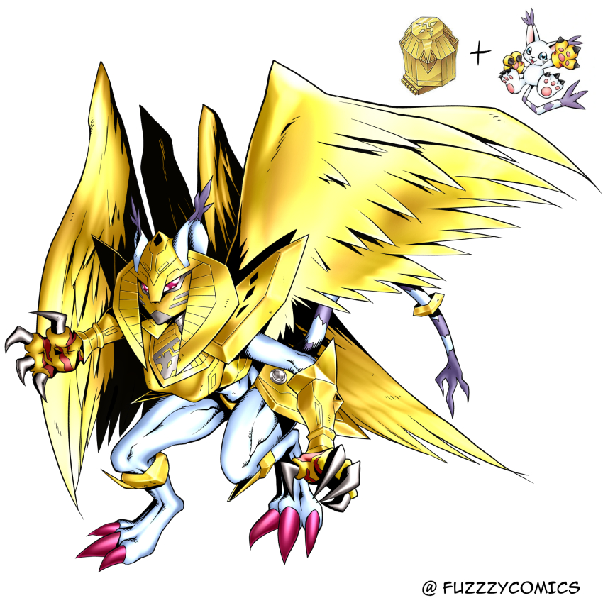 armor cat claws colored_skin digimental digimental_of_miracles digimon digimon_(creature) fuzzzycomics gold_armor highres mask oridigi original red_eyes sphinx tail tailmon twitter_username white_skin wings