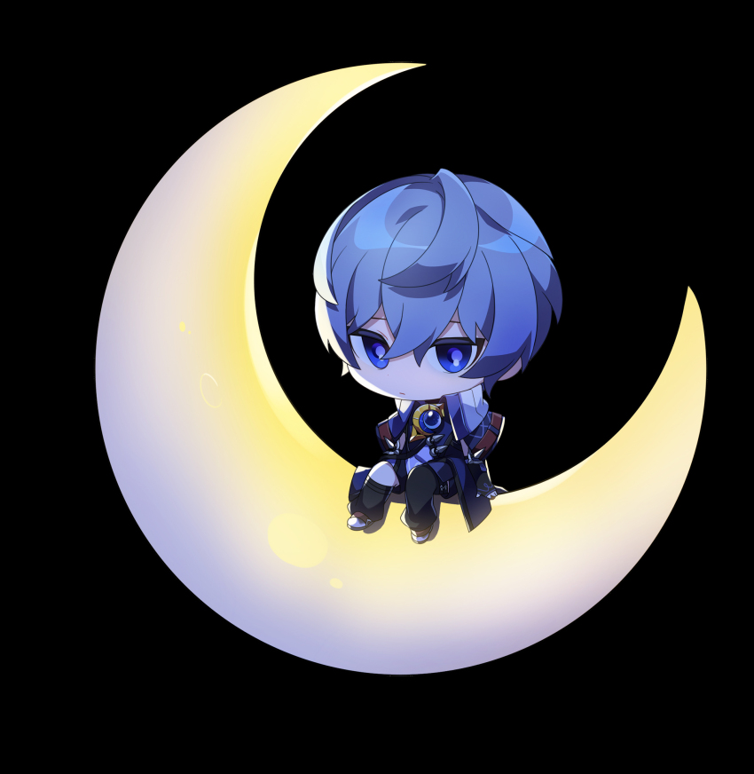 1boy artist_request asymmetrical_legwear black_background black_gloves black_pantyhose black_socks blue_brooch blue_eyes blue_hair blue_shirt chibi closed_mouth collared_shirt crescent_moon dark elsword fingerless_gloves gloves hair_between_eyes high_collar highres kneehighs looking_at_viewer loose_hair_strand male_focus moon noah_ebalon official_art on_crescent pantyhose purple_pupils second-party_source shirt shoes short_hair short_sleeves simple_background single_kneehigh single_leg_pantyhose single_sock sitting socks solo white_shoes