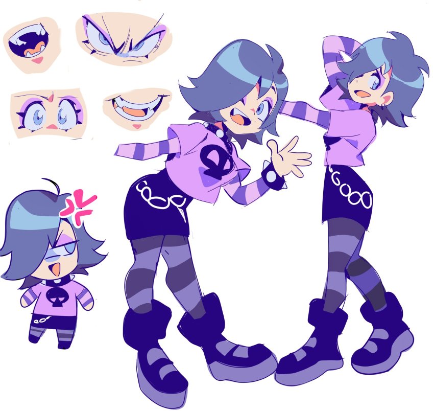1girl angry blue_hair boots cartoon_network chain chain_belt chibi goth_fashion hi_hi_puffy_amiyumi highres layered_clothes makeup one_eye_closed punk punkish_gothic purple_theme short_hair striped_legwear teeth wink yen0028 yumi_yoshimura