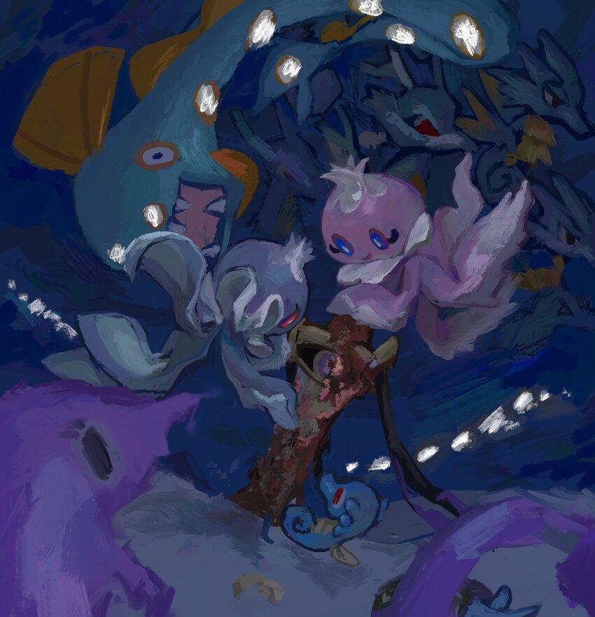 absurdres aomidori_iro closed_mouth evolutionary_line fish frillish frillish_(female) frillish_(male) gen_1_pokemon gen_2_pokemon gen_3_pokemon gen_5_pokemon gen_6_pokemon gorebyss highres honedge horsea huntail kingdra looking_down nintendo no_humans pokemon pokemon_(creature) rust seadra sharp_teeth smile teeth tentacles underwater water
