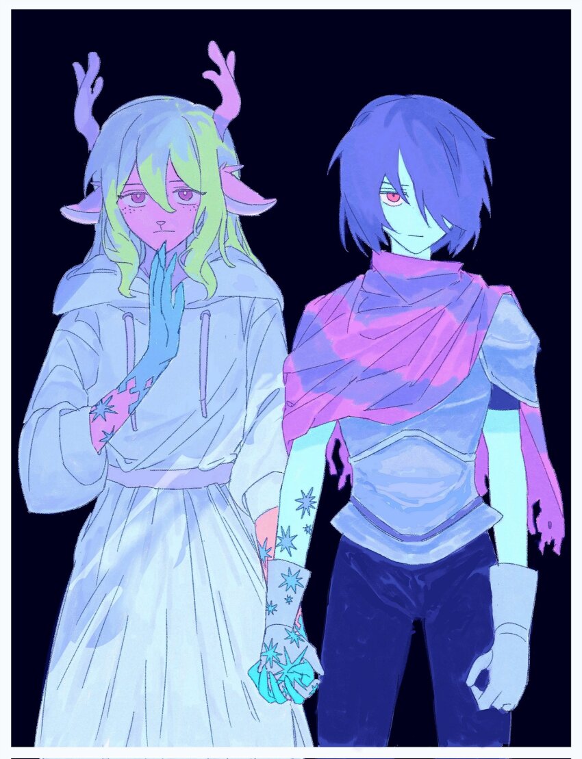 1girl 1other antlers armor black_background blonde_hair blue_hair blue_hands blue_skin border bright_pupils brown_eyes colored_skin commentary deer_antlers deer_girl deltarune english_commentary furry furry_female hair_over_one_eye hand_on_own_chin highres holding_hands hooded_robe horns kris_(deltarune) long_hair noelle_holiday pink_scarf playersmust red_eyes robe scarf short_hair white_border white_pupils white_robe