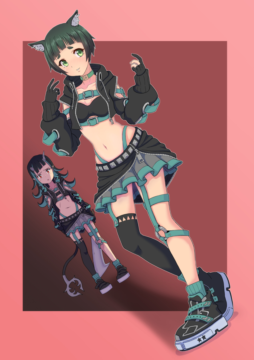 2girls nanashi_inc. animal_ears animare bandeau belt belt_bra black_footwear black_gloves black_hair black_jacket black_legwear black_skirt blue_belt blue_choker blue_hair blue_legwear blunt_bangs blush breasts chest_belt choker clothing_cutout commentary_request cosplay cropped_jacket cross-laced_clothes cross-laced_sleeves demon_girl demon_horns demon_tail dog_ears dutch_angle flat_chest garter_straps gloves green_eyes green_hair grey_skirt hashiba_natsumi_(animare) highres holding horns jacket k_waremono layered_skirt long_hair long_sleeves looking_at_another looking_to_the_side medium_breasts midriff multicolored_hair multiple_girls nata_(tool) navel open_clothes open_jacket open_mouth parted_lips partially_fingerless_gloves pink_background pointy_ears red_eyes shishio_chris shishio_chris_(cosplay) shoes short_hair shoulder_cutout single_thighhigh skirt smile sneakers socks sugar_lyric tail thick_eyebrows thighhighs two-tone_hair virtual_youtuber zipper_skirt