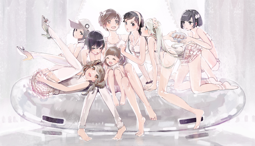 1boy 6+girls alice_(alice_in_wonderland) alice_(alice_in_wonderland)_(cosplay) alice_(megami_tensei) alice&#039;s_adventures_in_wonderland amagi_yukiko atlus barefoot black_eyes black_hair brown_eyes brown_hair cosplay doujima_nanako closed_eyes feet flower hair_flower hair_ornament hairband hat high_heels highres kujikawa_rise kuma_(persona_4) legs long_hair marie_(persona_4) megami_tensei midriff multiple_girls nakamura_aika navel odd_one_out persona persona_4 persona_4_the_golden purple_eyes purple_hair satonaka_chie serori shin_megami_tensei shirogane_naoto shoes short_hair smile trap twintails underwear white_legwear