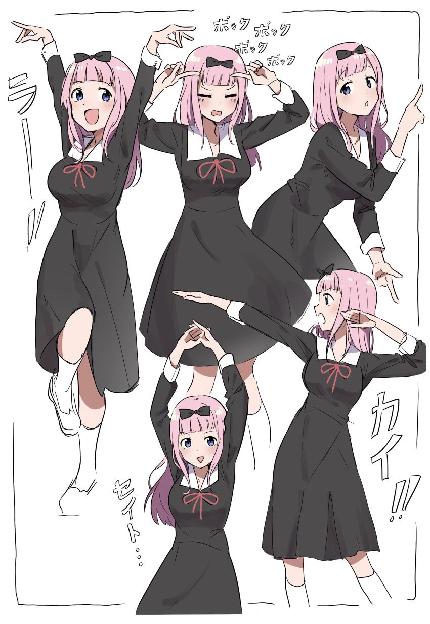 1girl :&gt; absurdres black_bow blue_eyes blush border bow breasts chikattochikachika_(kaguya-sama_wa_kokurasetai) closed_eyes cropped_legs cropped_torso fujiwara_chika hair_bow highres juralumin kaguya-sama_wa_kokurasetai_~tensai-tachi_no_renai_zunousen~ long_hair medium_breasts multiple_views outside_border pink_hair pointing school_uniform shuuchiin_academy_school_uniform sketch smile triangle_mouth wavy_mouth white_background white_border