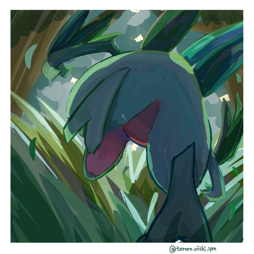 border forest from_behind gen_3_pokemon grass grovyle highres nature nintendo no_humans outdoors pokemon pokemon_(creature) pokemon_focus tororo_oishi_ym tree twitter_username white_border