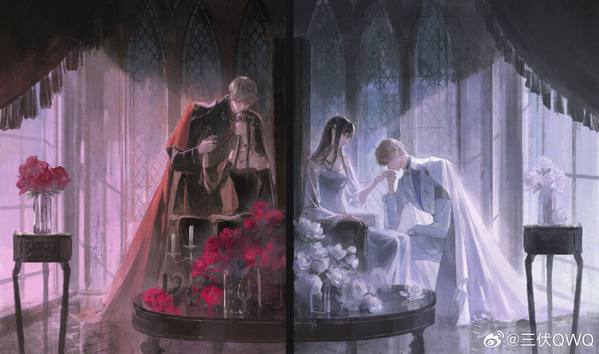 1boy 1girl armband bare_shoulders black_choker black_dress black_footwear black_hair black_jacket black_pants black_shirt black_suit black_vs_white blank_stare blonde_hair boots brown_eyes candle candlestand cape chinese_commentary choker closed_eyes closed_mouth colored_lapels commentary_request cup curtains dress drinking_glass expressionless flower formal_clothes from_side full_body hair_ornament highres holding_hands imminent_kiss indoors jacket jewelry kiss kissing_hair kissing_hand long_dress long_hair long_sleeves looking_ahead looking_at_another looking_down love_and_deepspace multiple_views necklace off-shoulder_dress off_shoulder on_one_knee pants polar_opposites profile protagonist_(love_and_deepspace) red_cape red_flower red_rose rose sanfu_qwq shirt short_hair sitting sitting_on_throne split_screen standing star_(symbol) star_hair_ornament star_necklace suit table throne vase watermark weibo_watermark white_cape white_dress white_flower white_jacket white_pants white_rose white_shirt white_suit window window_shadow wine_glass xavier_(love_and_deepspace)