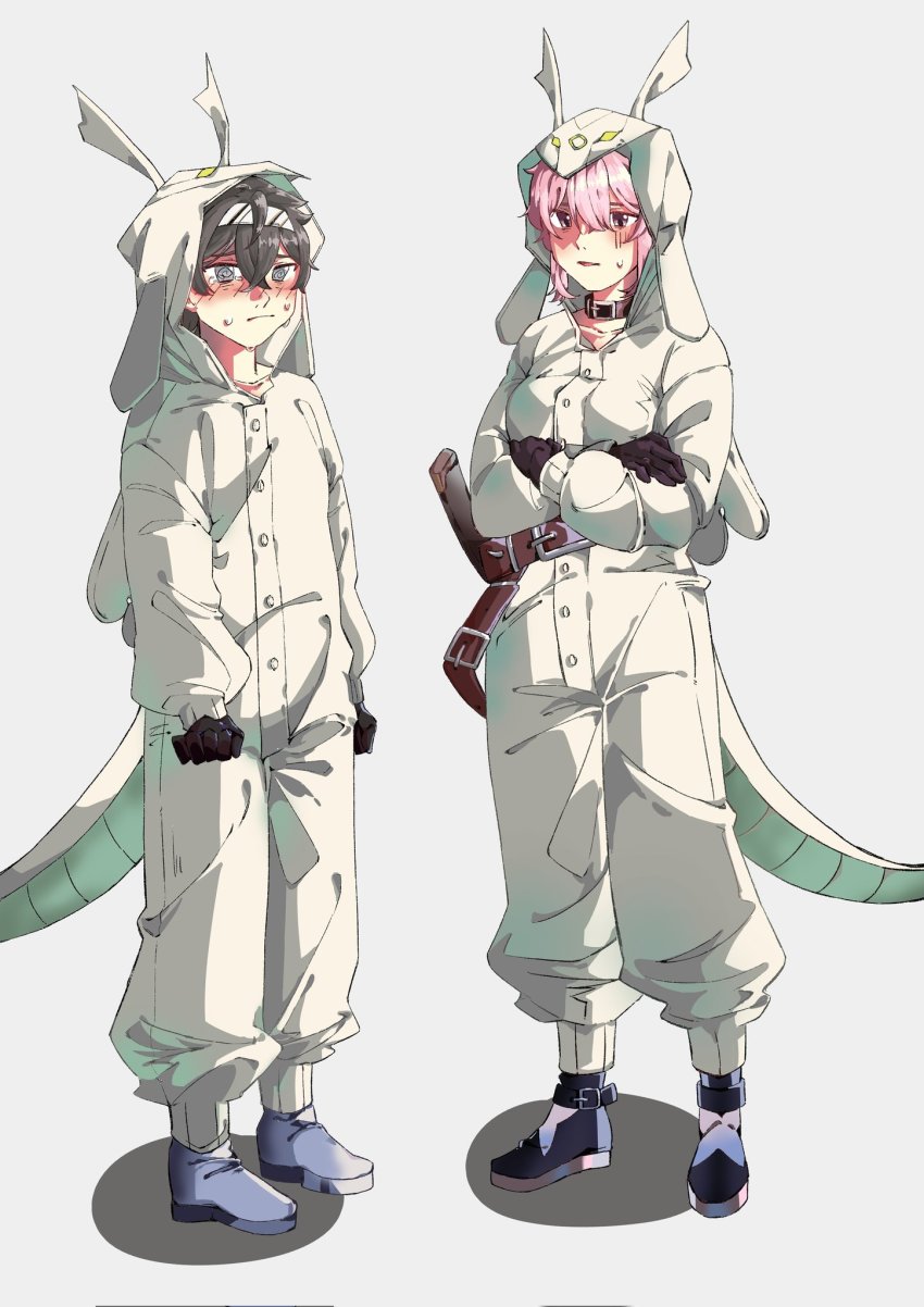 1boy 1girl alchemy_stars belt blush boots brown_hair choker embarrassed gloves hairband highres hiiro_(alchemy_stars) navigator_(alchemy_stars) onesie pajamas pink_eyes pink_hair sheath shoes soroz_(alchemy_stars) sweatdrop tears yellow_eyes