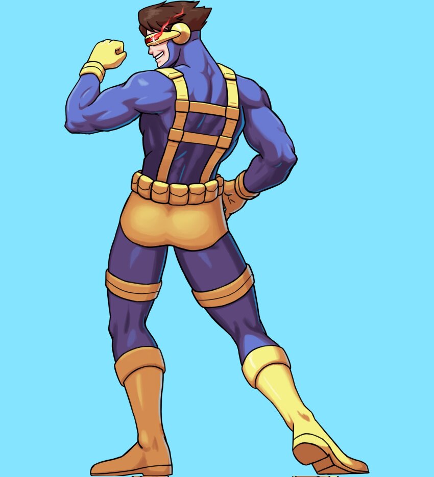 1boy belt_pouch blue_background blue_bodysuit bodysuit boots brown_hair cyclops_(x-men) gloves grin harness highres male_underwear marvel marvel_vs._capcom moodypresence pouch short_hair simple_background smile solo thigh_strap underwear x-men yellow_boots yellow_gloves yellow_male_underwear