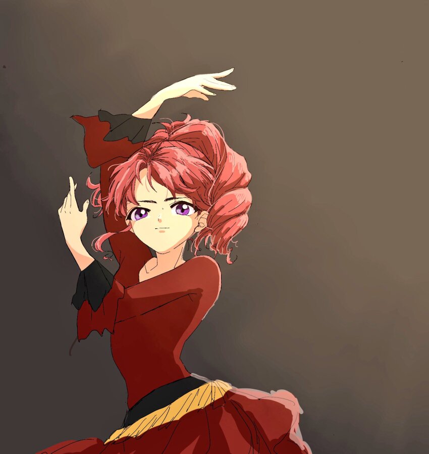1girl aikatsu! aikatsu!_(series) arm_over_head arm_up brown_background closed_mouth cowboy_shot dancing dress flamenco flamenco_dress frilled_dress frills gradient_background hand_up high_ponytail highres kurebayashi_juri light_smile long_sleeves looking_at_viewer osouzai-kun ponytail purple_eyes red_dress red_hair ringlets serious solo