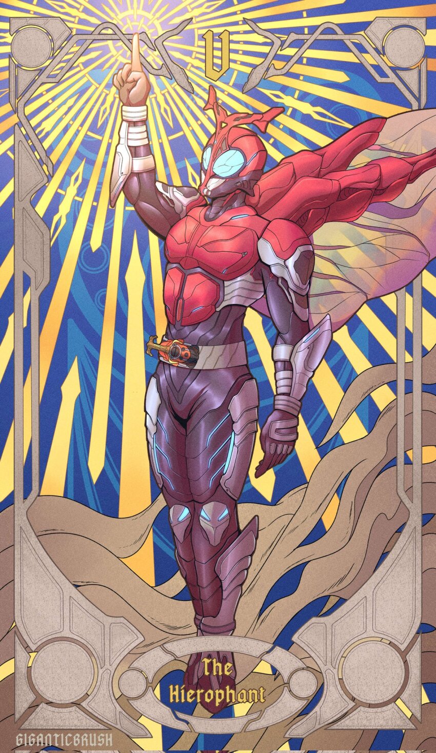 1boy armor belt blue_eyes bodysuit card card_(medium) compound_eyes full_body giganticbrush gloves helmet highres horns kabuto_zecter kamen_rider kamen_rider_kabuto kamen_rider_kabuto_(series) male_focus mask pointing pointing_up rider_belt rider_belt_(kabuto) single_horn solo standing tarot tarot_(medium) tarot_card the_hierophant_(tarot)