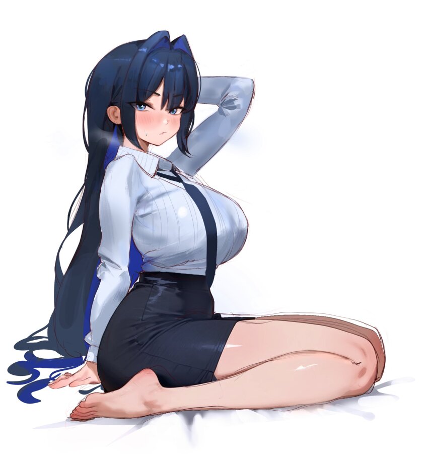 1girl alternate_costume arm_up bare_legs barefoot black_skirt blue_eyes blue_hair blue_necktie blush breasts closed_mouth collared_shirt colored_inner_hair eyelashes feet full_body hair_between_eyes hair_intakes hashtag-only_commentary high-waist_skirt highres hololive hololive_english huge_breasts impossible_clothes impossible_shirt kuwae_g legs long_hair long_sleeves looking_at_viewer miniskirt multicolored_hair necktie office_lady ouro_kronii shirt sidelocks simple_background sitting skirt solo thighs toenails toes very_long_hair virtual_youtuber white_shirt