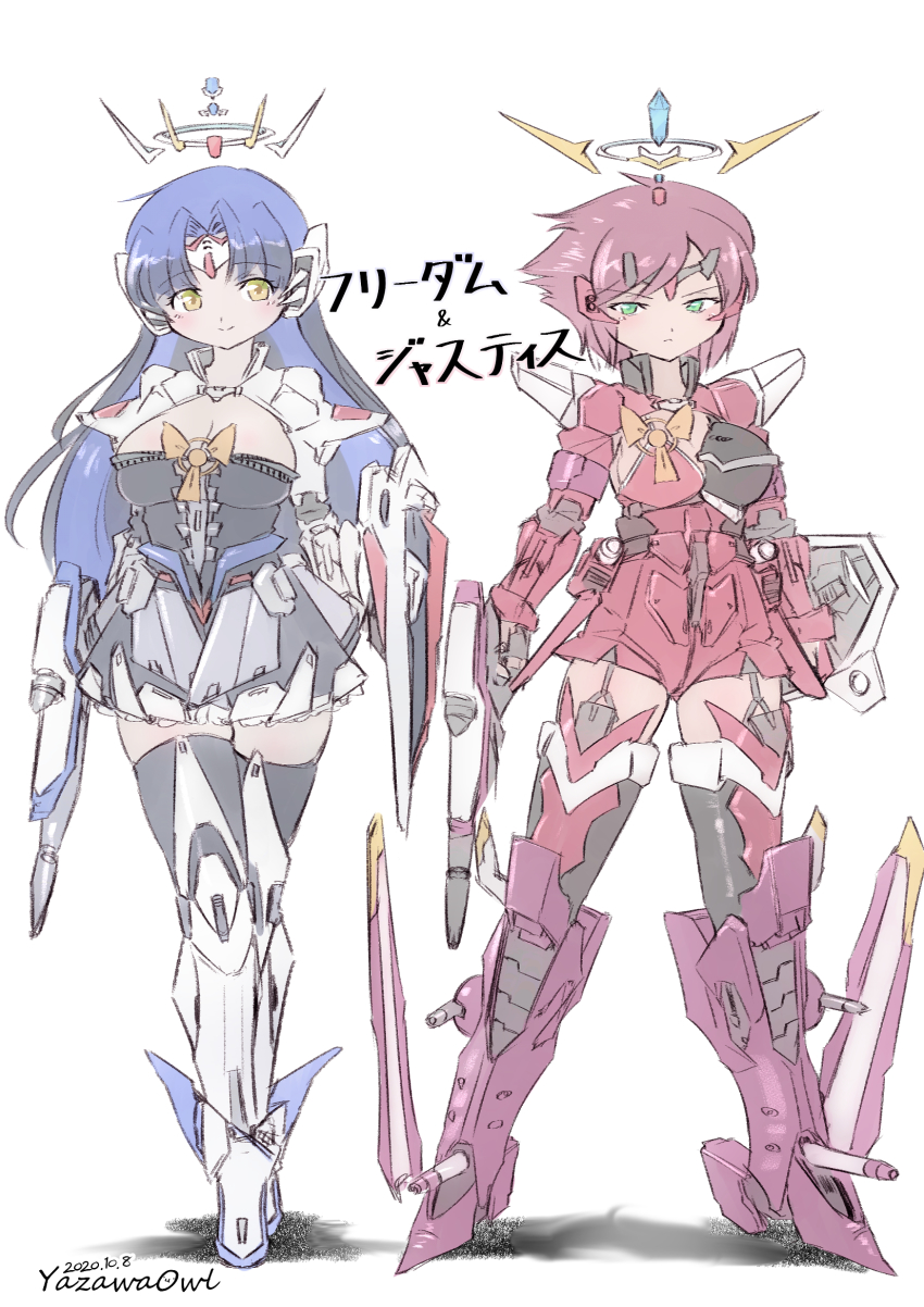 2girls beam_rifle blue_hair breasts character_name cleavage dated energy_gun freedom_gundam green_eyes gun gundam gundam_seed highres holding holding_gun holding_shield holding_weapon justice_gundam large_breasts crossed_legs long_hair mecha_musume multiple_girls personification red_hair shield short_hair skindentation smile thighhighs weapon yazawa_owl yellow_eyes