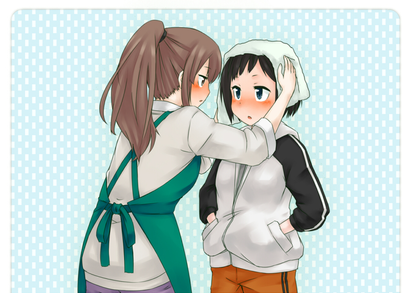 apron black_hair blush brown_hair couple eye_contact hands_in_pockets height_difference komano_hina long_hair looking_at_another monoka_(hare_tokidoki_yuki) multiple_girls okujou_no_yurirei-san short_hair simple_background toomi_yuna towel track_suit white_background yuri