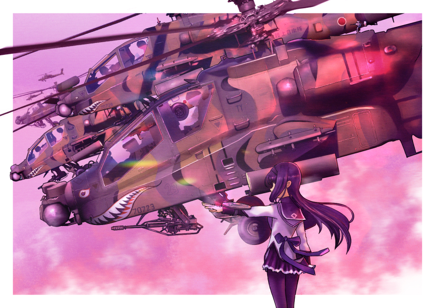 1girl ah-64_apache aircraft akemi_homura akemi_homura_(magical_girl) attack_helicopter autocannon black_hair black_pantyhose border camouflage cannon chain_gun helicopter highres jacket japan_air_self-defense_force japan_self-defense_force long_hair m230_chain_gun mahou_shoujo_madoka_magica military military_vehicle pantyhose purple_skirt purple_sky roundel skirt sky solo timmyyen vehicle_focus white_border white_jacket