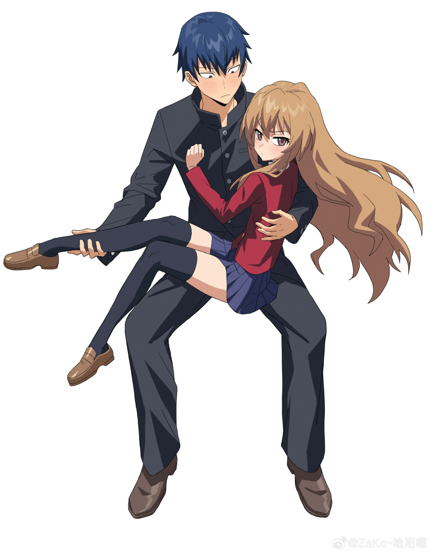 1boy 1girl absurdres aisaka_taiga black_pants black_thighhighs blue_hair blue_skirt brown_eyes brown_hair brown_shoes closed_mouth couple gakuran hair_between_eyes hetero highres jacket loafers long_hair long_sleeves looking_at_viewer pants pleated_skirt q_haoyu school_uniform shoes simple_background sitting sitting_on_lap sitting_on_person skirt takasu_ryuuji thighhighs toradora! watermark weibo_watermark white_background