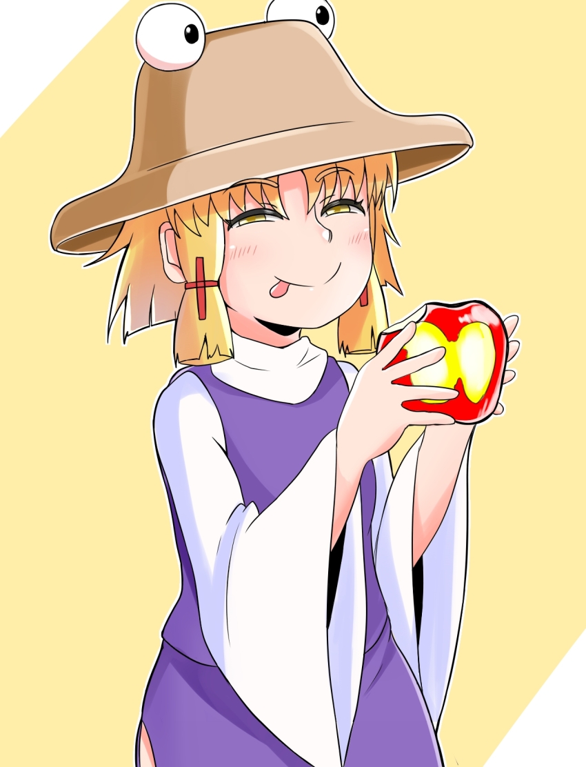 1girl :p apple_(inmu) blonde_hair blush brown_hat closed_mouth commentary_request cookie_(touhou) cowboy_shot gomimaro half-closed_eyes hat highres kaibara_elena_(cookie) long_sleeves looking_at_viewer manatsu_no_yo_no_inmu moriya_suwako purple_skirt purple_vest shirt short_hair skirt skirt_set smile solo tongue tongue_out touhou two-tone_background vest white_shirt wide_sleeves yellow_eyes