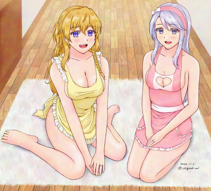 2girls apron blonde_hair breasts cleavage_cutout clothing_cutout collarbone dated grey_hair hairband heart_cutout highres ichigosaki_nal indoors jewelry kantai_collection kneeling large_breasts long_hair medium_breasts multiple_girls naked_apron purple_eyes ring sagiri_(kancolle) sideboob sitting twitter_username wariza wedding_ring wooden_floor zara_(kancolle)