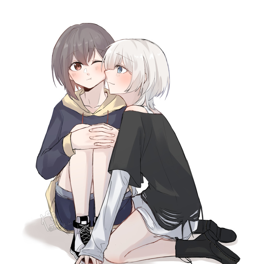 2girls absurdres bang_dream! bang_dream!_it&#039;s_mygo!!!!! black_shirt black_shoes blue_eyes blue_hoodie blue_shorts blush brown_eyes closed_mouth commentary drawstring grey_hair highres hood hoodie kaeru_(kaeee41917105) kaname_raana kneeling layered_sleeves long_sleeves multiple_girls one_eye_closed shirt shoes short_hair short_over_long_sleeves short_sleeves shorts simple_background sitting takamatsu_tomori two-tone_hoodie white_background white_hair wolf_cut yellow_hoodie yuri