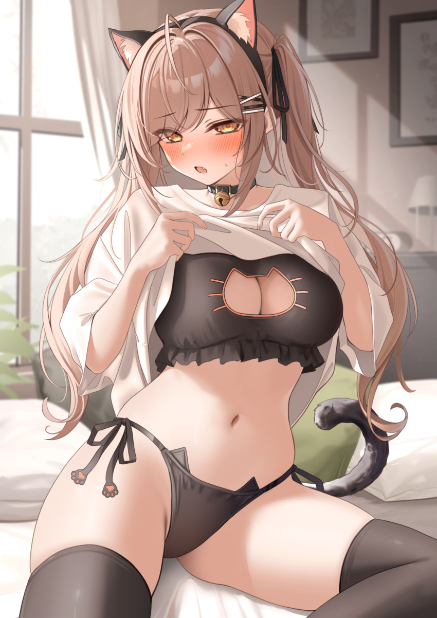 1girl animal_ears black_collar black_hairband black_panties black_ribbon black_thighhighs blush breasts brown_eyes brown_hair cat_ears cat_lingerie cat_tail collar duplicate fake_animal_ears hair_ornament hair_ribbon hairband hairclip highres imouto-chan_(monaka_curl) indoors large_breasts looking_at_viewer meme_attire monaka_curl navel open_mouth original paid_reward_available panties ribbon side-tie_panties sitting solo stomach tail thighhighs thighs twintails underwear window