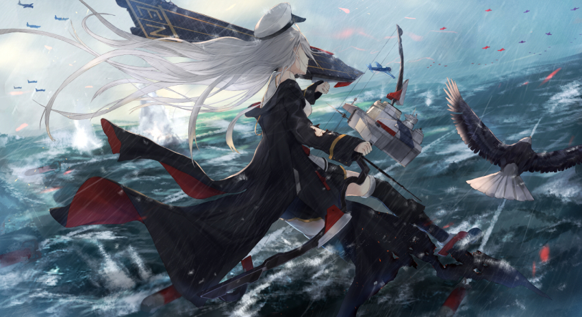 1girl action aircraft airplane arm_up azur_lane bare_shoulders bird black_coat black_thighhighs bow_(weapon) breasts closed_mouth coat cuff_links eagle enterprise_(azur_lane) explosion female_focus floating_hair from_behind from_side hat holding holding_bow_(weapon) holding_weapon kachi large_breasts long_hair machinery miniskirt ocean off_shoulder peaked_cap pleated_skirt rain rigging rudder_footwear shirt silver_hair skirt sleeve_cuffs sleeveless solo standing standing_on_liquid thighhighs thighs torn_clothes torn_coat torpedos very_long_hair water waves weapon wet wind wind_lift