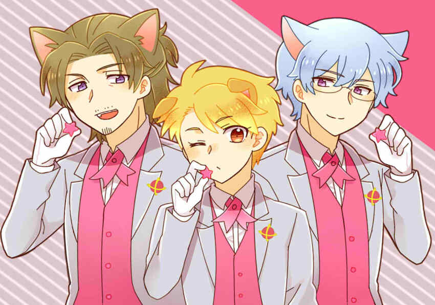 3boys :d animal_ears blonde_hair brown_hair cat_boy cat_ears collared_shirt diagonal-striped_background dog_boy dog_ears formal_clothes gloves grey_hair grey_jacket hair_between_eyes hazama_michio idolmaster idolmaster_side-m jacket kinococcos maita_rui male_focus multiple_boys o3o one_eye_closed open_mouth pink_background pink_vest s.e.m_(idolmaster) shirt smile striped_background suit upper_body vest white_gloves white_shirt yamashita_jiro