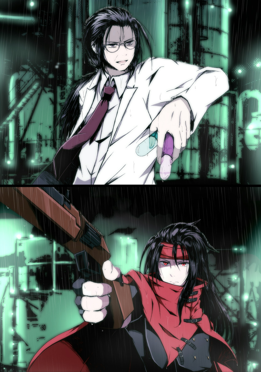 2boys black_footwear black_gloves black_hair brown_necktie cloak collared_shirt final_fantasy final_fantasy_vii fingerless_gloves furrowed_brow glasses gloves gun hair_between_eyes headband highres holding holding_gun holding_test_tube holding_weapon jacket lab_coat long_hair low_ponytail male_focus multiple_boys nanao_(zonzonsh) necktie parted_lips ponytail professor_houjou rain red_cloak red_eyes red_headband shirt test_tube upper_body vincent_valentine weapon white_jacket white_shirt