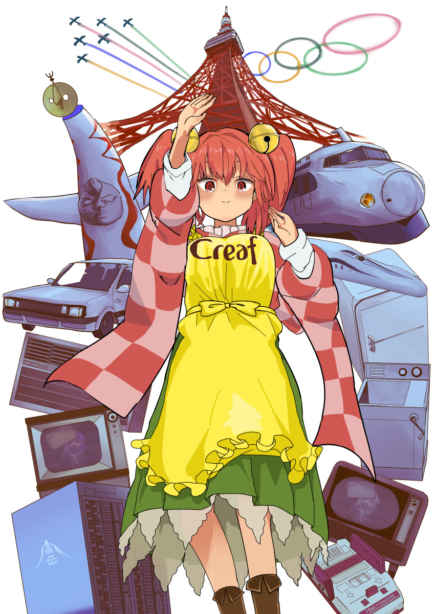 1girl absurdres apron bell blush boots breasts brown_boots car checkered_clothes checkered_kimono closed_mouth commentary_request contrail cookie_(touhou) creaf_(cookie) famicom feet_out_of_frame frilled_apron frills game_console green_skirt hair_bell hair_between_eyes hair_ornament high-speed_train highres japanese_clothes jingle_bell kimono long_sleeves looking_at_viewer medium_breasts medium_hair motoori_kosuzu motor_vehicle olympic_rings olympics orange_hair pink_kimono red_eyes red_kimono refrigerator shinkansen shouwa skirt smile solo television toaru_yuuzaa tokyo_tower touhou train transparent_background twintails yellow_apron
