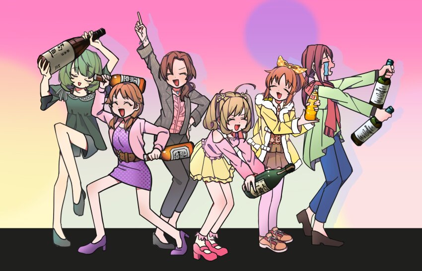 6+girls :3 ^_^ abe_nana absurdres ahoge alcohol arm_up belt black_pants blazer blouse blue_pants blush bobby_socks bobobo-bo_bo-bobo bottle brown_belt brown_footwear brown_hair brown_skirt closed_eyes crying curtained_hair dancing dress drop_shadow drunk facing_viewer frilled_shirt frills fur-trimmed_jacket fur_trim green_dress green_hair green_shirt grey_jacket hair_over_shoulder hair_ribbon hand_on_own_hip heel_up high_heels highres holding holding_bottle idolmaster idolmaster_cinderella_girls jacket katagiri_sanae kawashima_mizuki long_hair long_sleeves low_ponytail low_twintails medium_hair mifune_miyu mole mole_under_eye multiple_girls nose_blush off-shoulder_shirt off_shoulder open_clothes open_jacket open_mouth orange_hair outstretched_arms pants parody pink_background pink_jacket pink_shirt pink_thighhighs plaid_clothes plaid_jacket pointing pointing_up ponytail purple_dress red_hair red_scarf ribbon sake_bottle sato_shin scarf shirt shoes short_dress short_hair short_sleeves short_twintails shorts_under_dress skirt smile socks standing standing_on_one_leg streaming_tears takagaki_kaede tareme tears thighhighs twintails v-shaped_eyebrows yawarakai_inu yellow_jacket yellow_ribbon yellow_skirt