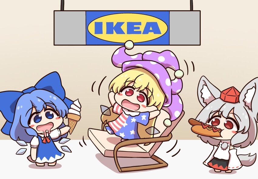 3girls american_flag_dress animal_ear_fluff animal_ears barefoot black_skirt blonde_hair blue_dress blue_eyes blue_hair blush_stickers chair chibi chibi_only cirno clownpiece commentary cooking_pot detached_sleeves dress eating fairy_wings food full_body grey_hair hat highres holding holding_food holding_ice_cream hot_dog ice ice_cream ice_cream_cone ice_wings ikea indoors inubashiri_momiji ketchup long_hair multicolored_hair multiple_girls mustard neck_ribbon on_chair open_mouth pinafore_dress poang_armchair red_eyes red_hair red_hat red_ribbon red_skirt ribbon shadow shirt shitacemayo short_hair short_sleeves skirt sleeveless sleeveless_dress sleeveless_shirt standing standing_on_chair tail tokin_hat touhou two-tone_hair two-tone_skirt white_shirt white_sleeves wings wolf_ears wolf_girl wolf_tail