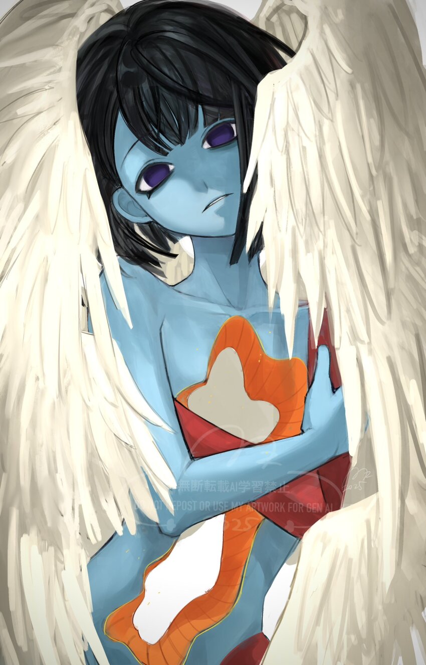 1girl angel angel_wings black_hair blue_skin blunt_bangs bob_cut collarbone colored_skin ena:_dream_bbq ena_(dream_bbq) ena_(series) ena_(species) hangover_ena highres hole_in_chest hole_in_stomach hole_on_body multicolored_skin parted_lips red_skin solo two-tone_skin usagimarumei wings