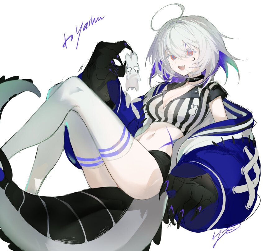 1girl :d ahoge animal_hands black_shorts blue_pupils breasts cleavage collar colored_inner_hair crescent crescent_facial_mark crop_top doodle_inset facial_mark feet_out_of_frame gift_art gloves hair_between_eyes highres holding jacket knees_up lizard_tail medium_hair multicolored_hair multicolored_jacket open_mouth orange_eyes original outstretched_hand paw_gloves puffy_sleeves scar scar_on_stomach short_shorts shorts smile solo stomach tail thighhighs two-tone_jacket white_hair white_thighhighs yoimon zettai_ryouiki