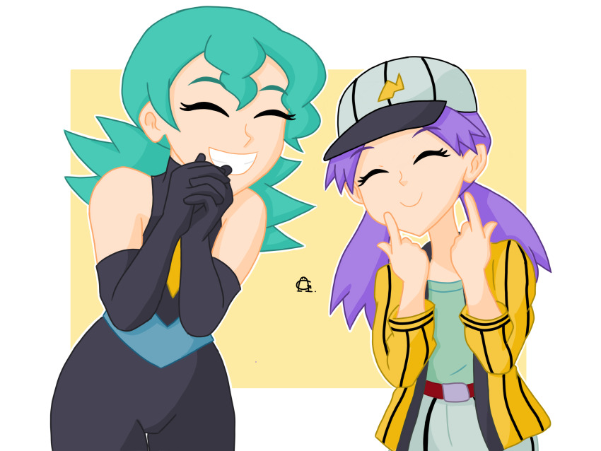 1girl absurdres aged_down anglin296 bare_shoulders baseball_cap baseball_jersey casey_(pokemon) closed_eyes green_hair hat highres holding_own_hand jenny_(pokemon) jersey long_glove marble_(pokemon) nintendo pokemon pokemon_(anime) pokemon_(classic_anime) pokemon_dp059 pokemon_dppt_(anime) purple_hair skin_tight smile spandex twintails